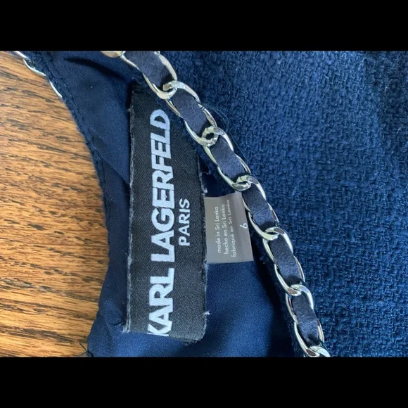 Karl Lagerfeld Paris navy Tweed Mini shift Dress Pearl Chain Sz 6 - Picture 11 of 11